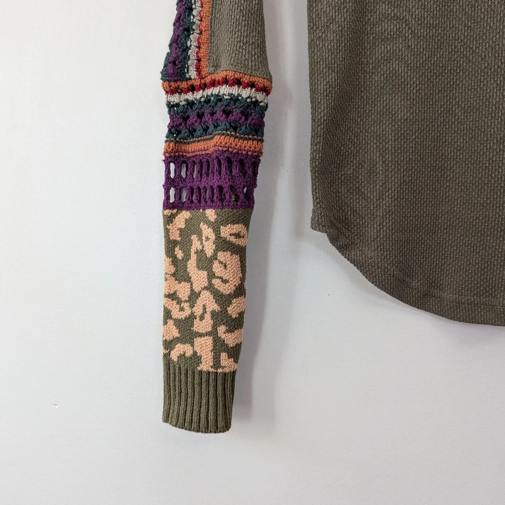 Free People Switch It Up Cuff Thermal Shirt Green Multi-color‎ Size XS